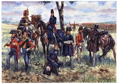 Pierwsze Imperium: Sztab księcia Wellingtona w bitwie pod Waterloo 18 czerwca 1815 r. - ilustracja Giuseppe Ravy autorstwa Giuseppe Rava