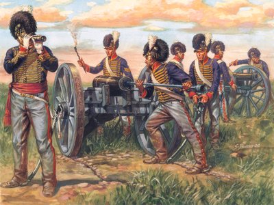 Pierwsze imperium: Angielscy artylerzyści ładujący armatę podczas bitwy pod Waterloo w 1815 roku - Pierwsze imperium: żołnierze armii brytyjskiej ładujący armatę podczas bitwy pod Waterloo w 1815 roku - Ilustracja autorstwa Giuseppe Rava autorstwa Giuseppe Rava