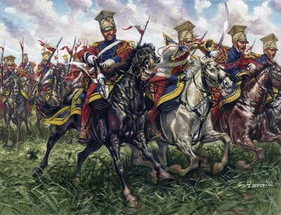 Pierwsze cesarstwo: czerwoni lansjerzy lub pułk legionistów konnych gwardii cesarskiej podczas bitwy pod Waterloo 18.06.1815 r. - Pierwsze cesarstwo: 2. pułk lekkich lansjerów gwardii cesarskiej (czerwoni lansjerzy lub czerwoni lansjerzy) podczas bitwy pod autorstwa Giuseppe Rava