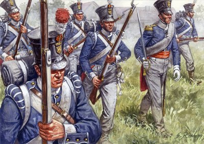 Pierwsze cesarstwo: piechota belgijska lub holenderska około 1815 roku - Pierwsze cesarstwo: piechota belgijska lub holenderska - Ilustracja autorstwa Giuseppe Rava autorstwa Giuseppe Rava