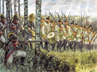 Pierwsze cesarstwo: żołnierze austriackiej piechoty w natarciu około 1798 - 1805 - Pierwsze cesarstwo: żołnierze austriackiej piechoty maszerujący autorstwa Giuseppe Rava