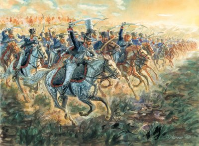 Pierwsze cesarstwo: szarża pruskich huzarów około 1810 roku - Pierwsze cesarstwo: szarża pruskich huzarów - Ilustracja Giuseppe Ravy autorstwa Giuseppe Rava