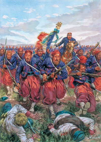 Kampania włoska 1859 r. (II wojna o niepodległość Włoch): szarża żuawów francuskiej armii Napoleona III podczas bitwy pod Solferino 24.06.1859 r. - II wojna o niepodległość Włoch (wojna francusko-austriacka, wojna austriacko-sardyńska, wojna austriacko-p autorstwa Giuseppe Rava
