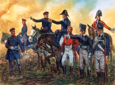 Wojna napoleońska: Arthur Wellesley, książę Wellington (1769-1852) dowodzący wojskami brytyjskimi i Gebhard Leberecht von Blucher (1742-1819) dowodzący armią pruską w bitwie pod Waterloo 18/06/1815 - (Wojny napoleońskie: dowódcy książę Wellington za autorstwa Giuseppe Rava