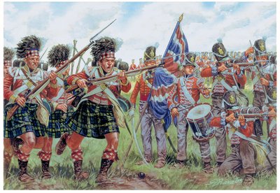 Wojny napoleońskie: Szkoccy i brytyjscy żołnierze w bitwie pod Waterloo 18 czerwca 1815 r. Ilustracja Giuseppe Rava autorstwa Giuseppe Rava