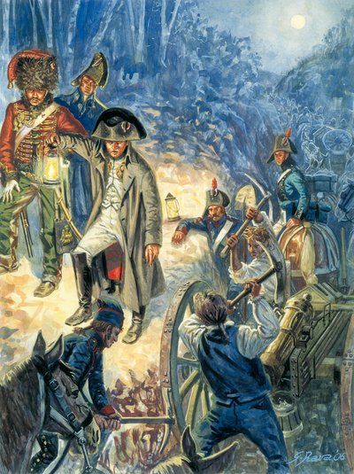 Kampania prusko-polska: Cesarz Napoleon I (1769-1821) w przededniu bitwy pod Jeną i Auerstaedt 14/10/1805 - Cesarz Napoleon I w noc poprzedzającą bitwę pod Jeną-Auerstedt (Jena Auerstedt) przeciwko wojskom pruskim 14 października 1805 - Ilustr. autorstwa Giuseppe Rava