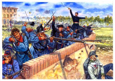 Risorgimento, pierwsza włoska wojna o niepodległość, włoscy studenci podczas bitwy pod Curtatone i Montanara 29.05.1848 - Pierwsza włoska wojna o niepodległość, włoscy studenci podczas bitwy pod Curtatone i Montanara, 29 maja 1848 - Ilustracja b autorstwa Giuseppe Rava