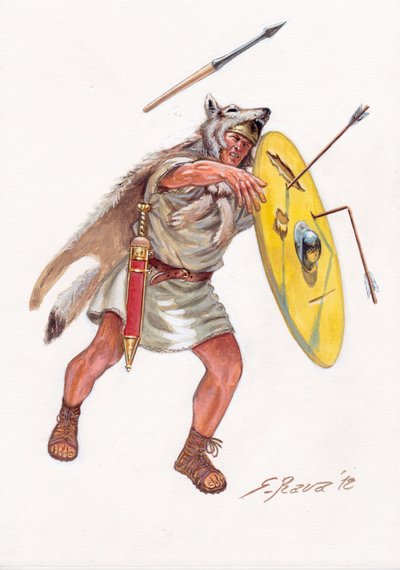 Roman antiquite (Republika): velite (lekki piechur z biednych wieków) armii rzymskiej - velites z republiki rzymskiej - Ilustracja Giuseppe Rava autorstwa Giuseppe Rava
