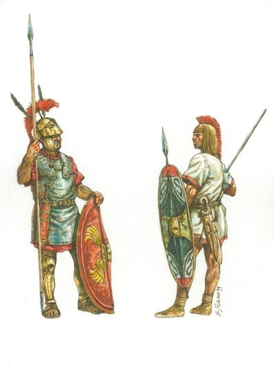 Rzymski triarius i latynoski żołnierz piłkarski Hannibala autorstwa Giuseppe Rava