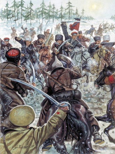 Rosyjska wojna domowa (1917-1923): Żołnierze Kaukazu u boku białej armii w 1919 roku - Rosyjska wojna domowa: Kozacy walczący z białą armią rosyjską w 1919 roku - Ilustracja Giuseppe Rava autorstwa Giuseppe Rava