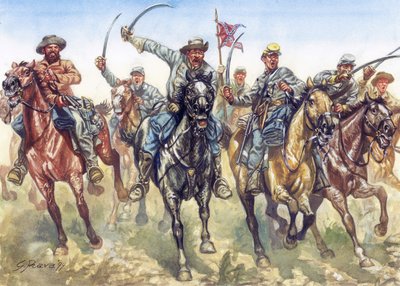 Wojna secesyjna (1861-1865) - Amerykańska wojna domowa: szarżująca kawaleria konfederatów - Ilustracja autorstwa Giuseppe Ravy autorstwa Giuseppe Rava