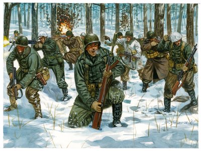 II wojna światowa: amerykańska ofensywa piechoty w bitwie o Ardeny w Bastogne, grudzień 1944 r. - II wojna światowa: amerykańska ofensywa podczas bitwy o wybrzuszenie, grudzień 1944 r. - Ilustracja autorstwa Giuseppe Ravy autorstwa Giuseppe Rava
