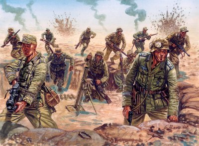 II wojna światowa, kampania w Afryce Północnej: żołnierz Deutsches Afrikakorps (Afrika Korps, Afrikakorps lub DAK), niemieckich sił ekspedycyjnych, na Pustyni Libijskiej. autorstwa Giuseppe Rava