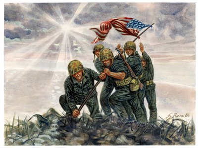 II wojna światowa, wojna na Pacyfiku: bitwa o Iwo Jimę, zwycięstwo US Marines w lutym 1945 roku - II wojna światowa, wojna na Pacyfiku: Bitwa o Iwo Jimę (operacja "Detachment"), piechota morska USA podnosi amerykańską flagę, luty 1945, Japonia - ilustracja autorstwa Giuseppe Rava
