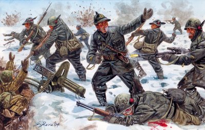 Druga wojna światowa, front rosyjski: Włoscy myśliwi alpejscy w Rosji w styczniu 1943 roku - II wojna światowa, front rosyjski: włoscy myśliwi alpejscy w Rosji, styczeń 1943 - Ilustracja autorstwa Giuseppe Rava autorstwa Giuseppe Rava