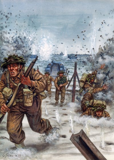 II wojna światowa: Szkoccy żołnierze podczas lądowania w Normandii 6/06/1944 - II wojna światowa, dzień D: Szkoccy żołnierze w dniu lądowania w Normandii, 6 czerwca 1944 - Ilustracja Giuseppe Rava autorstwa Giuseppe Rava