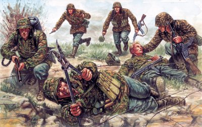 II wojna światowa: żołnierze Sturmtruppen, elitarnej jednostki niemieckiej armii cesarskiej, jeden z nich przecina drut kolczasty autorstwa Giuseppe Rava