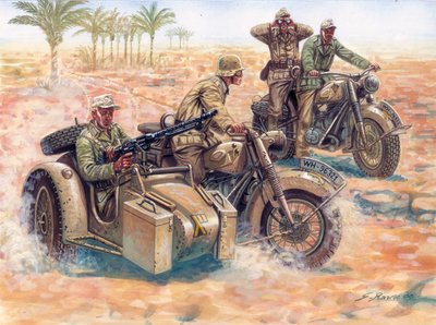 Druga wojna światowa: Deutsches Afrikakorps (DAK Afrika Korps)) toczący się po libijskiej pustyni na wózkach bocznych BMW autorstwa Giuseppe Rava