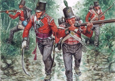 Żołnierze brytyjskiej piechoty patrolujący około 1810 roku - (Żołnierze brytyjskiej piechoty autorstwa Giuseppe Rava