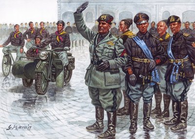 Duce Benito Mussolini (1883-1945), w towarzystwie Czarnych Koszul (Camicie nere), wykonujący faszystowskie pozdrowienie podczas parady wojskowej - Benito Mussolini i Czarne Koszule podczas parady wojskowej - Ilustracja Giuseppe Rava autorstwa Giuseppe Rava