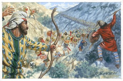 Dziesięć Tysięcy (siły najemników), głównie Greków, zatrudnionych przez Cyrusa Młodszego do próby zdobycia tronu Imperium Perskiego Artakserksesa II. autorstwa Giuseppe Rava