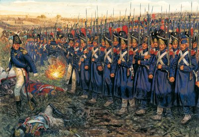 Atak Gwardii Średniej na centrum Wellingtona w bitwie pod Waterloo 18 czerwca 1815 r. "Gwardia Cesarska Napoleona I (1769-1821) maszerująca na oddziały księcia Wellingtona w bitwie pod Waterloo". autorstwa Giuseppe Rava