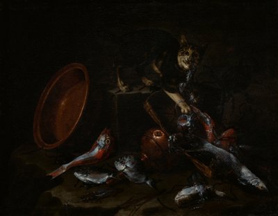 Kot kradnący rybę, koniec lat 60. XVII wieku. autorstwa Giuseppe Recco
