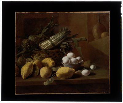 Kuchenna martwa natura z karczochami, szparagami, cytrynami i jajkami autorstwa Giuseppe Recco