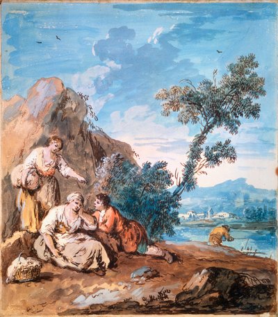 Trzech chłopów odpoczywających na brzegu rzeki, ok. 1750 r. autorstwa Giuseppe Zais