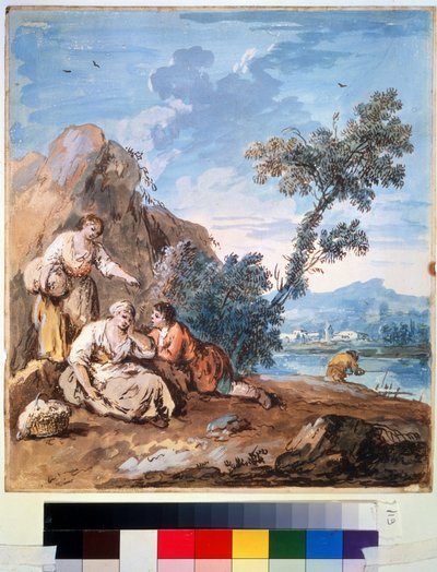 Trzech chłopów odpoczywających na brzegu rzeki. Obraz Giuseppe Zaisa (1709-1784). Akwarela na papierze, 29,5 x 26,2 cm, ok. 1750. Szkoła wenecka, malarstwo włoskie XVIII w. Muzeum Sztuk Pięknych Puszkina, autorstwa Giuseppe Zais