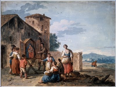 Grupa chłopów przed tabernakulum ze stojącą figurą Madonny. Rysunek Giuseppe Zais (1709-1784). Tempera i sepia na papierze, 30,2 x 38 cm, ok. 1750. Szkoła Wenecka autorstwa Giuseppe Zais