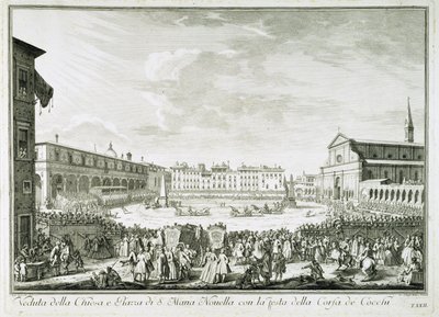 Święto Corsa dei Cocchi na placu Santa Maria Novella. Święto Corsa dei Cocchi na placu kościoła Santa Maria Novella we Florencji. Rysunek autorstwa Giuseppe Zocchi (1711-1767). Florencja, Biblioteca Riccardiana. autorstwa Giuseppe Zocchi