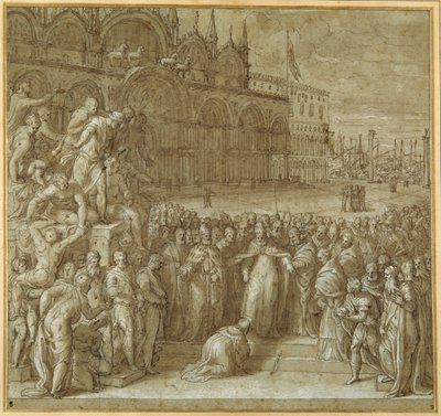 Pojednanie papieża Aleksandra III i Fryderyka Barbarossy w obecności doży Sebastiano Ziani (pióro i brązowy tusz z brązowym rozmyciem i wyostrzeniem) autorstwa Giuseppe della Porta Salviati