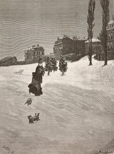 Zimno!, kobieta spacerująca po śniegu, rycina z obrazu Giuseppe De Nittis, rysunek Montefusco, L