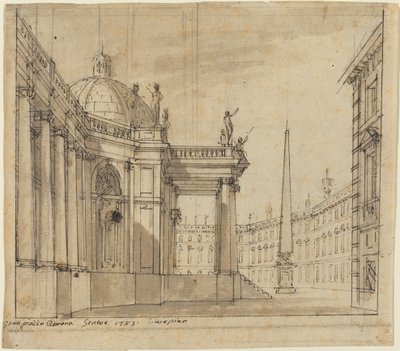 Scenografia: Piazza z kościołem z kopułą i obeliskiem autorstwa Giuseppino Galliari