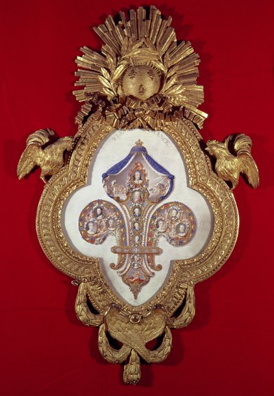 Fleur de France, drzewo genealogiczne z trzynastoma portretami Ludwika XV (1710-1774) i jego potomków w ramie w kształcie lilii, 1765 (złoto i emalia) autorstwa Glokeur de Surchamps