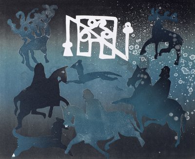 Scena polowania piktyjskiego I, 1995 (monotypia) autorstwa Gloria Wallington