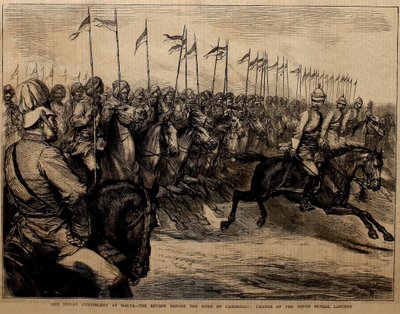Nasz indyjski kontyngent na Malcie, przegląd przed księciem Cambridge, szarża dziewiątych lansjerów bengalskich. autorstwa Godefroy Durand