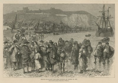 Hugenoci w Anglii: Francuscy uchodźcy hugenoccy lądujący w Dover w 1685 r. (rycina) autorstwa Godefroy Durand
