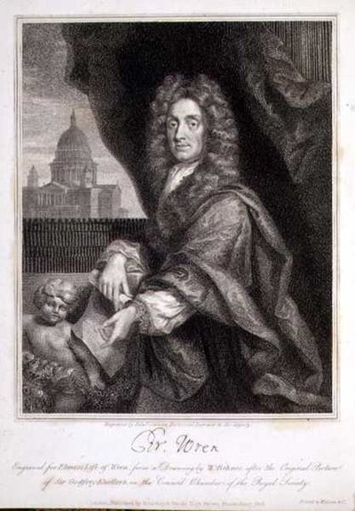 Portret Christophera Wrena wygrawerowany do „Życia strzyżyka” Elme autorstwa Godfrey (after) Kneller