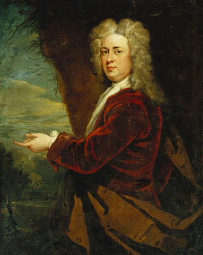 Portret dżentelmena stojącego w połowie długości ubranego w kurtkę z czerwonego aksamitu i brązową pelerynę w parku, autorstwa Godfrey Kneller