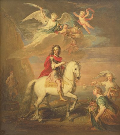 Wilhelm III na szarej ładowarce obserwowany przez Neptuna, Ceres i Florę. Merkury na niebie i Astrea autorstwa Godfrey Kneller