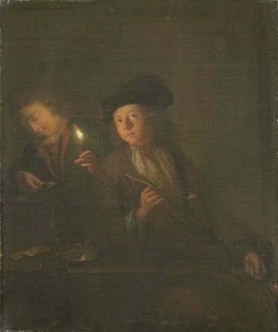 Palacz (mężczyzna z fajką i mężczyzna nalewający napój do szklanki) autorstwa Godfried Schalcken (attributed to)