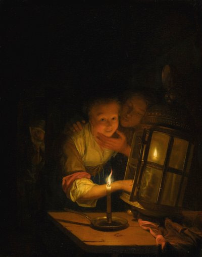 Miłosna para przyłapana na zapalaniu latarni autorstwa Godfried Schalcken