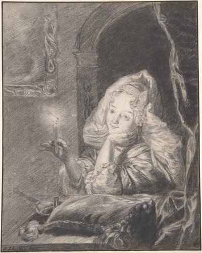 Młoda kobieta siedząca przy stole, trzymająca świecę autorstwa Godfried Schalcken