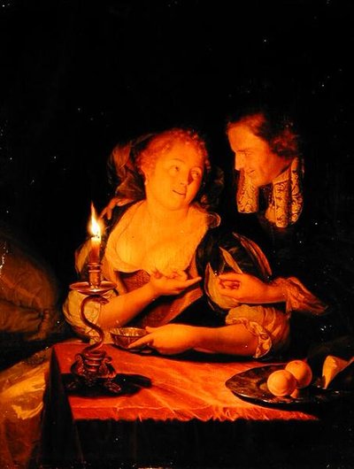 Dżentelmen ofiarowujący damie pierścionek (olej na panelu) autorstwa Godfried Schalcken