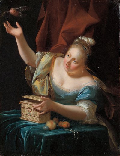 Kobieta siedząca przy stole w fantazyjnym stroju, uwalniająca ptaka śpiewającego z klatki autorstwa Godfried Schalcken