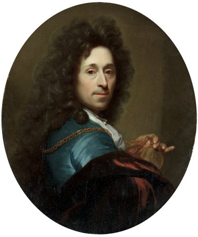 Portret artysty w niebieskim płaszczu i brązowej aksamitnej pelerynie, z medalionem elektora palatyna Johanna Wilhelma autorstwa Godfried Schalcken