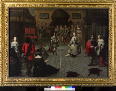 Karol II (1630-1685) tańczący w Hadze (Holandia), maj 1660 r., prawdopodobnie ze swoją siostrzenicą Elżbietą van de Paltz (1616-1680), podczas ceremonii przywrócenia tytułu króla Anglii. autorstwa Gonzales Coques