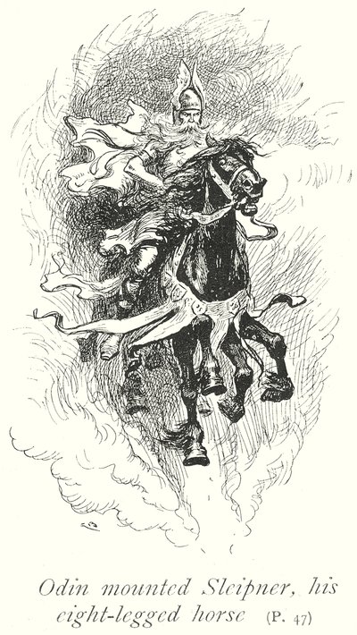 Odyn dosiadający Sleipnera, swego ośmionogiego konia (litografia) autorstwa Gordon Frederick (after) Browne